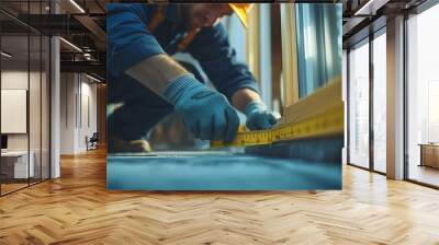 Technician worker in uniform using measuring tape tool to measuring wood window in the home construction site repair and fix for problem in the house : Generative AI Wall mural